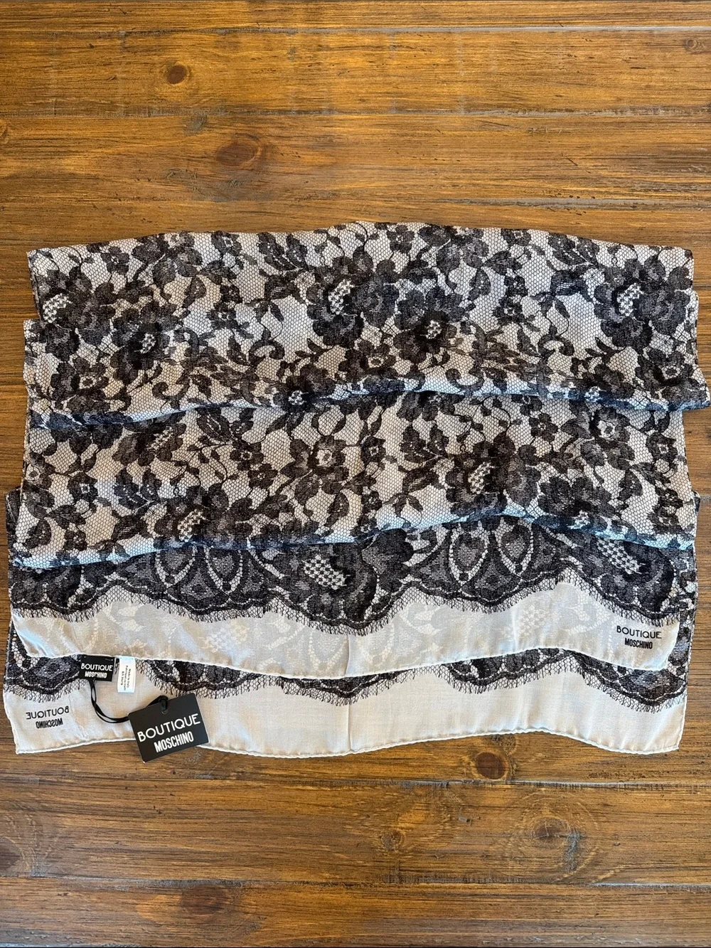 NWT Boutique Moschino Luxury Silk Scarf Black Gray Romantic Floral Lace Motif